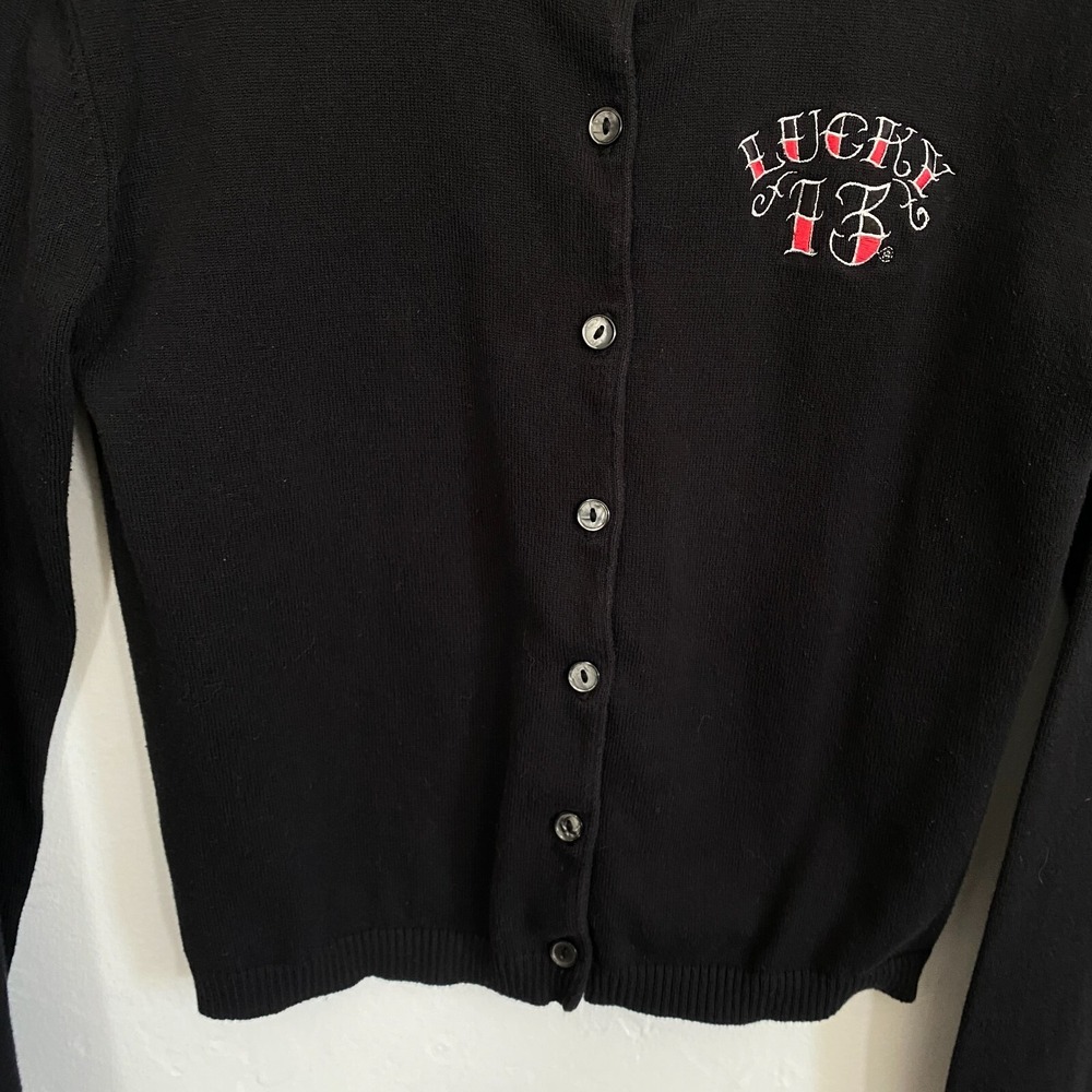 Lucky 13 Cardigan Women Sz Medium Black Burlesque Pin Up Girls Heartbreaker Y2K - Picture 6 of 11